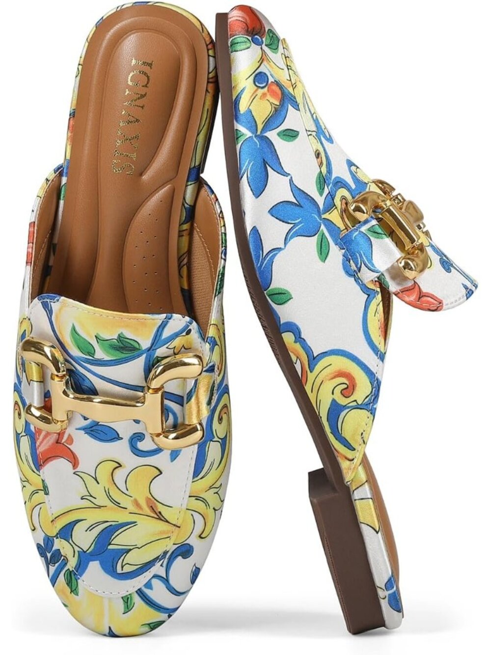 Women's White Floral Leather Flat Round Toe Mules Buckle Slip on Backless Loafer